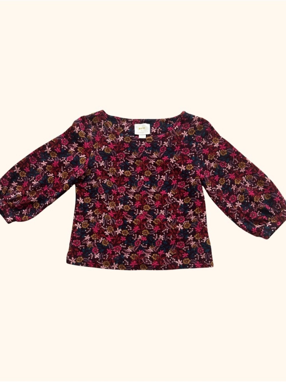 Anthropologie Maeve Floral Burgundy & Pink Puff-Sleeve Top Size XS Cotton Blen